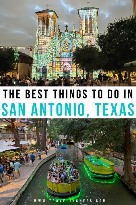 The front facade of San Fernando Cathedral lit up in turquoise blues and other colors for the Saga Light Show at night and boats cruising the River Walk with lights that looks so pretty at night in San Antonio, Texas. Weekend In San Antonio, San Antonio Attractions, San Antonio Travel, San Antonio Things To Do, San Antonio Vacation, Visit San Antonio, Texas Travel Guide, Texas Adventure, San Antonio Riverwalk