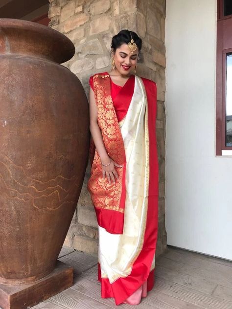 Red And White Saree, Bengali Saree, Saree Wearing Styles, Saree Wearing, Saree Draping Styles, Saree Draping, Bengali Wedding, Draping Fashion, Saree Poses