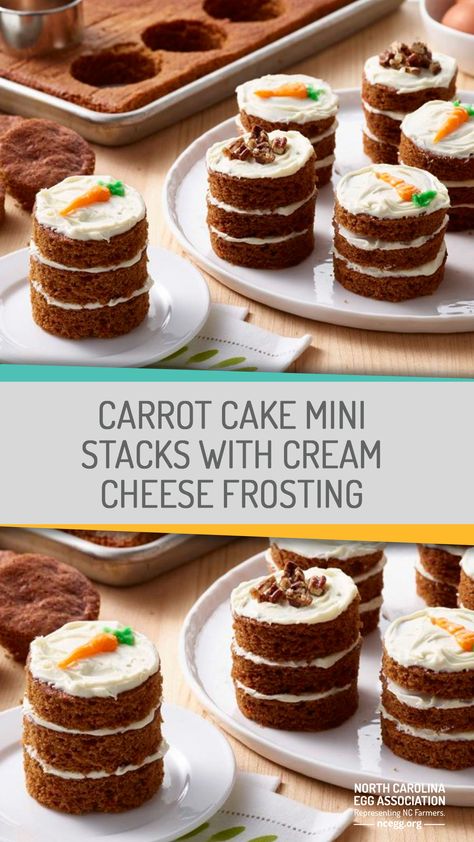 Carrot Cake For Easter, Tiny Carrot Cake, Carrot Cake Dessert Cups, Carrot Cake Cupcakes Easter, Stuffed Carrot Cake Cupcakes, Carrot Mini Cake, Mini Carrot Cake Bites, Carrot Cake Mini Cakes, Individual Carrot Cake Desserts