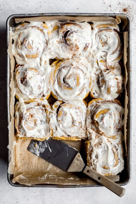 These are truly the BEST pumpkin cinnamon rolls you'll ever eat. Made with pumpkin puree and cozy pumpkin pie spice in every bite, and topped with an addicting maple cream cheese frosting, these pumpkin cinnamon rolls are bound to become a staple recipe in your home. #pumpkin #cinnamonrolls #pumpkincinnamonrolls Pumpkin Puree Recipes, Pumpkin Cinnamon Rolls, Ambitious Kitchen, Butter Frosting, Pumpkin Everything, Cinnamon Rolls Recipe, Healthy Pumpkin, Best Pumpkin, Homemade Pumpkin