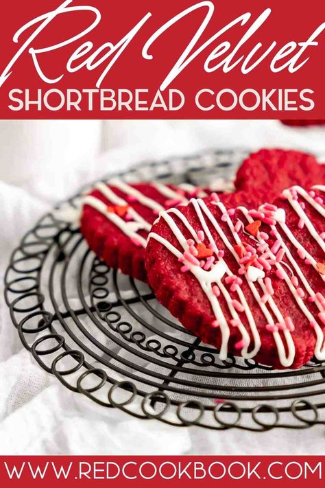 Red Velvet Shortbread cookies dipped or drizzled with white chocolate and decorated with sprinkles. These cutout cookies are fun for Valentine's Day or Christmas! Red Velvet Cut Out Cookies, Red Velvet Shortbread Cookies, Cutout Cookies, Sweet Bites, Chocolate Candy Melts, Red Velvet Cookies, Wafer Cookies, Deep Roots, Valentines Day Cookies