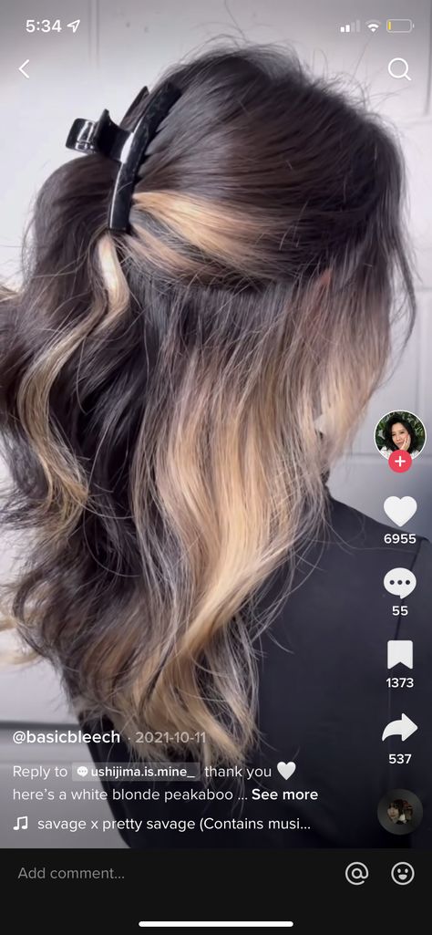 Butterfly Haircut With Peekaboo, Peak A Boo Balayage, How To Add Peekaboo Highlights, Caramel Underneath Hair, Peak A Boo Hair Color Blonde, Peak A Boo Blonde, Under Half Hair Dye, Two Tone Brown Hair, Pink Peak A Boo