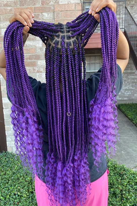 Purple Braids Hairstyles, Braids With Curls Styles, Purple And Black Box Braids, Black And Purple Braids, Purple Braids For Black Women, Purple Hair Braids, Lavender Braids, Curls Styles, Hairstyles Purple