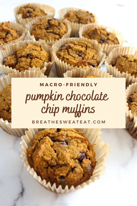 These 64 calorie, macro friendly pumpkin chocolate chip muffins are perfect for breakfast, meal prepping and a sweet treat. You'll only need one bowl and a few simple ingredients to prepare the dough, making these muffins easy to make and easy to clean up. Better yet, these muffins are gluten free, dairy free & refined sugar free. 😋 Macro Friendly Muffins Gluten Free, Pumpkin Chocolate Chip Muffins Protein, Macro Pumpkin Muffins, Macro Friendly Chocolate Desserts, Pumpkin Macro Recipes, Macro Friendly Thanksgiving Dessert, Macro Friendly Pumpkin Muffins, Macro Friendly Breakfast Muffins, Macro Friendly Muffin Recipes