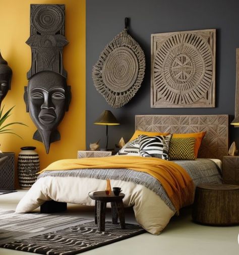 African Master Bedrooms Decor, Africa Themed Bedroom, African Bedroom Design, Modern African Bedroom, African Bedroom Ideas, African Inspired Bedroom, African Style Bedroom, Afro Boho Bedroom, Afro Chic Home Decor