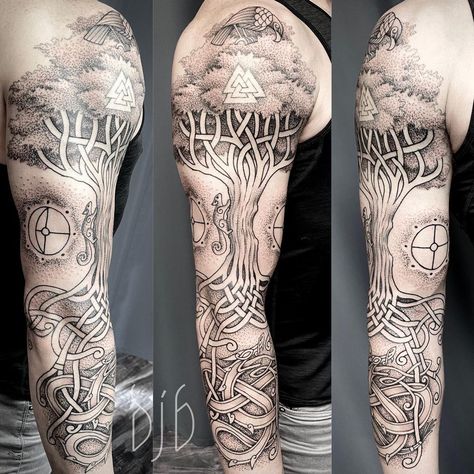 Darren Babbitt on Instagram: “#yggdrasil #worldtree #yggdrasiltattoo #norsetattoo #treeoflifetattoo #vikingtattoo #blackandgreytattoo” Yggdrasil Tattoo Sleeve, Yggradsil Tattoo, Thor Tattoo Norse Mythology, Yggdrasil Tattoo Vikings, Ygdrassil Tattoo, Yggdrasil Tattoo, Thor Tattoo, Interesting Tattoos, Viking Tattoo Sleeve