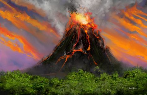 Volcano Painting Easy, Volcano Art, Volcano Painting, Volcano Landscape Art, Paint Volcano, Volcano Artwork, Fantasy Volcano Landscape, Volcano Island Fantasy Art, Volcano Drawing