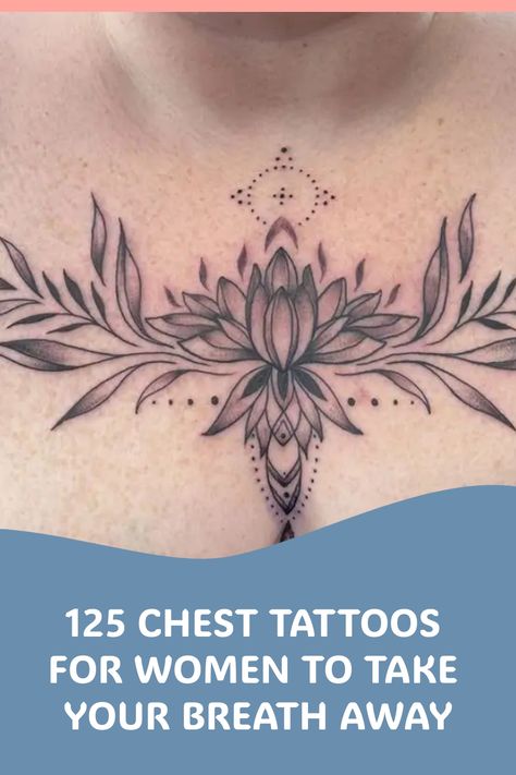 Experience the awe-inspiring beauty of chest tattoos for women! Delve into a world where art meets expression, with intricate designs and meaningful symbols adorning the chest. From delicate florals to bold statements, let these tattoos take your breath away and inspire your inner artist. Explore the limitless possibilities of self-expression on this captivating canvas. Black Female Chest Tattoo Ideas, Feminine Chest Tattoo Ideas, Tattoos For Bigger Women Plus Size, Beautiful Chest Tattoo For Women, Meaningful Chest Tattoo Female, Moon Phase Chest Tattoo Female, Ladies Chest Tattoo Ideas, Corset Tattoos For Women, Center Of Chest Tattoo Female