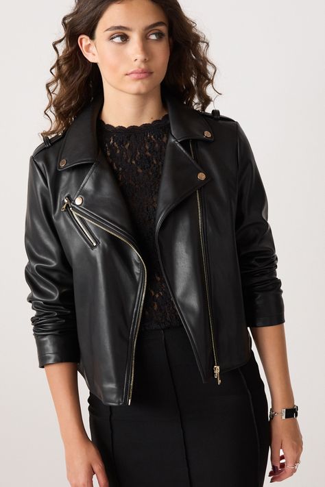 This stylish biker jacket is crafted from a smooth and shiny faux leather construction, with epaulet shoulders, a zippered fastening that leads to the lapel collar and three front-facing zip pockets. Main 100% Viscose with PU coating. Lining 100% Polyester. Leather Jackets, Biker Jacket Style, Faux Leather Biker Jacket, Leather Biker Jacket, Lapel Collar, Biker Jacket, Black Faux Leather, Favorite Things List, Zip Pockets