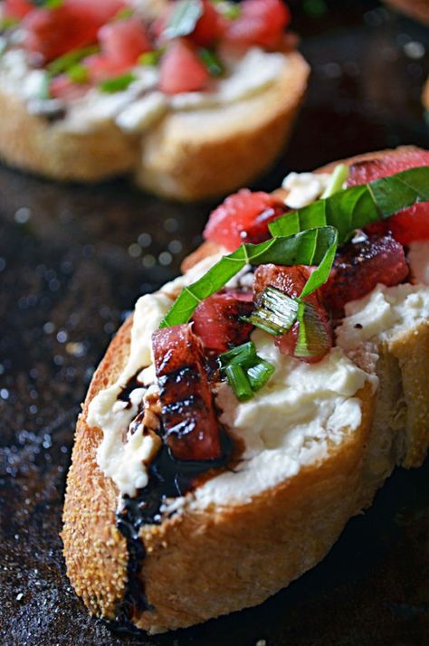 Watermelon Bruschetta with Whipped Feta, Basil, and Balsamic Drizzle Watermelon Bruschetta, Balsamic Drizzle, Breakfast And Brunch, Whipped Feta, Watermelon Recipes, Naan, Finger Food, Appetizer Snacks, Finger Foods