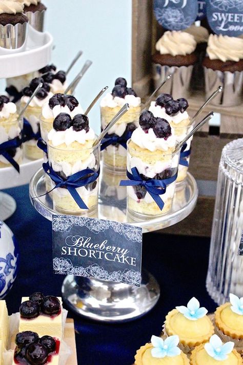 Shortcake Shooters, Blueberry Shortcake, Graduation Desserts, Dessert Shooters, Asian Dessert, White Desserts, Blue Desserts, Shower Desserts, Wedding Dessert Table