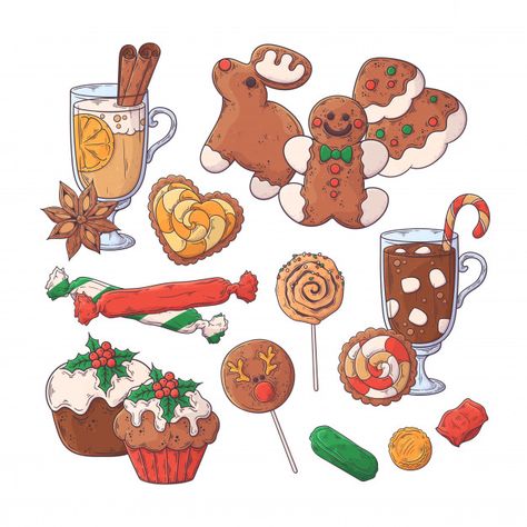 Hand drawn christmas food collection . | Premium Vector #Freepik #vector #christmas Christmas Food Illustration Drawing, Christmas Food Drawing, Christmas Food Illustration, Christmas Cookies Drawing, Christmas Food Art, Cute Christmas Drawing Ideas, Food Drawing Ideas, Cookie Drawing, Desserts Drawing