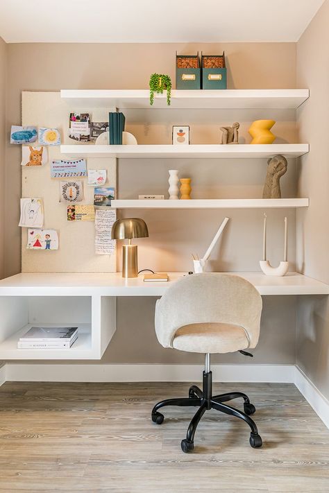 Shelf Inspo for Home Offices and Study Rooms Mushroom Wall Paint, Shelves Above Desk, Office Wall Shelves, Office Wall Organization, White Shelving, Ikea Home Office, Home Office Decor Ideas, Study Spaces, Work From Home Office