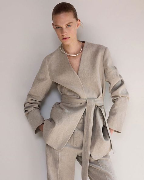 COS on Instagram: “A fresh take on tailoring. From our collarless linen jacket to the unstructured shirt dress, explore new styles for summer” Spa Uniform, Linen Coat, Linen Summer, Linen Jackets, A Jacket, Belted Jacket, Linen Jacket, Pleated Fabric, Business Suit