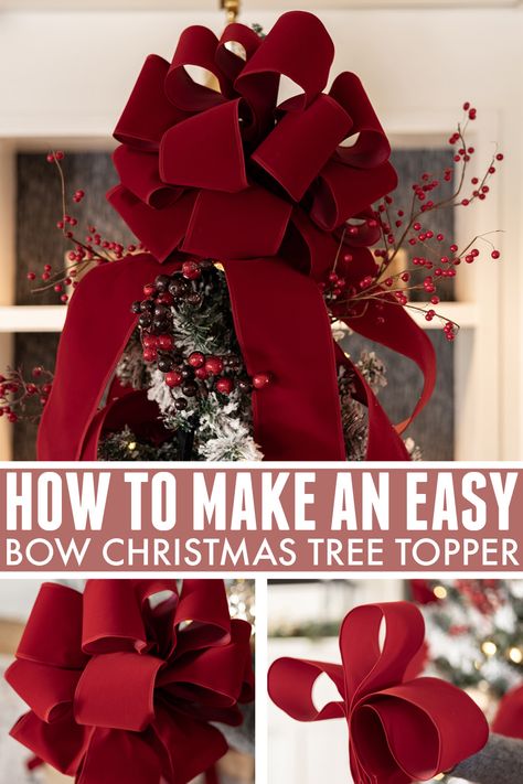 In this post, I'll show you how to make a festive bow Christmas tree topper. A ribbon tree topper is an easy and elegant solution that you can easily customize to coordinate with your tree decorations this year. Bows On Christmas Tree Topper, How To Make Ribbons For Christmas Tree Bow Tutorial, Now Christmas Tree Topper Diy, Christmas Tree Ribbon Topper Diy, Santa Hat Tree Topper Ideas, Christmas Bow Making Tutorials, Christmas Tree Ribbon Toppers, Christmas Bows For Tree Topper, How To Make Christmas Tree Toppers