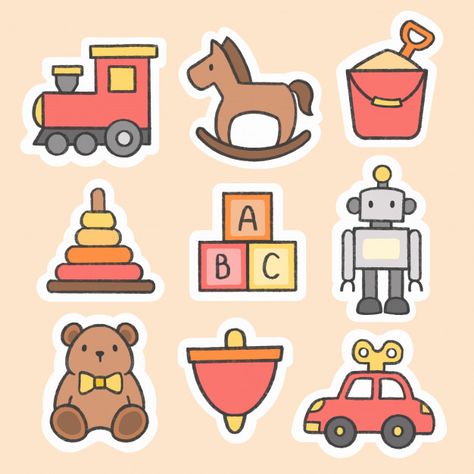 Kid toys sticker hand drawn cartoon collection | Premium Vector #Freepik #vector #logo #car #icon #hand Sticker Design Ideas, Toys Drawing, Toys Stickers, Toy Drawing, Valentine Card Crafts, Car Icon, Toys Cartoon, Diy Photo Book, Logo Car