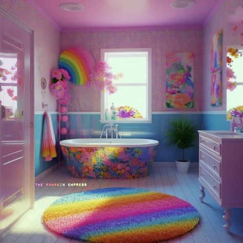 Emily Seraphim, Rainbow Bathroom, Rainbow House, Attic Room, Pink Room Decor, Hobbit House, Twins Room, Attic Rooms, Neon Rainbow