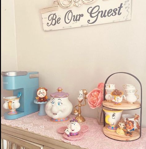 Disney Themed Kitchen Ideas, Beauty And The Beast Themed Kitchen, Beauty And The Beast Themed Dining Room, Disney Theme Kitchen, Disney Home Aesthetic, Be Our Guest Tea Party, Disney Themed Living Room, Disney Kitchen Decor Ideas, Disney Home Office