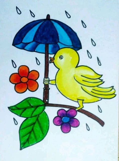 Rainy Day Drawing For Kids Children, Umbrella Drawing For Kids, Rainy Day Drawing For Kids, Bird Drawings Easy, Easy Bird Drawing, Bird Drawing For Kids, Marriage Application, Rainy Day Drawing, Basic Drawing For Kids