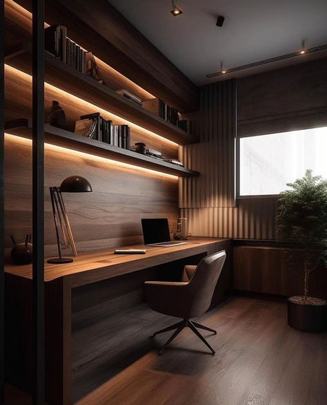 modern desk Home Office Black And Wood, Modern Home Offices, Modern Office Space, Office Interior Design Modern, Study Room Design, Home Studio Setup, Small Home Offices, Home Office Ideas, Small Home Office