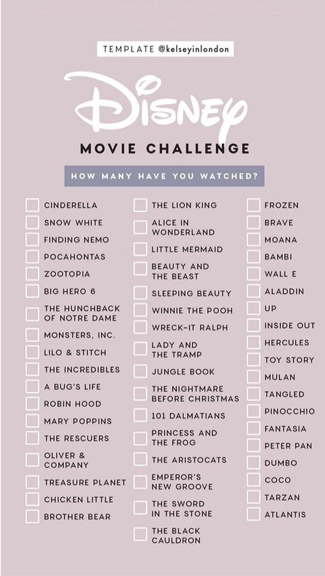 The Disney Movie Challenge checklist. How many have you watched? Disney Movie Challenge, Disney Movie Marathon, Bucket List Movie, Movie Challenge, Disney Movies List, Netflix Movies To Watch, Friend Stuff, Disney Movies To Watch, Good Movies On Netflix