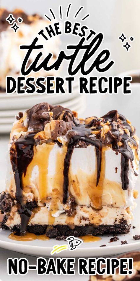 Turtle Lush Recipe, No Bake Turtle Lush Dessert, Turtle Dessert Easy, No Bake Turtle Lush, Summer Dessert Recipes Chocolate, Turtle Lush Dessert, Turtle Dessert Recipes, Turtle Lasagna Dessert, Jello Cheesecake Pudding Recipes