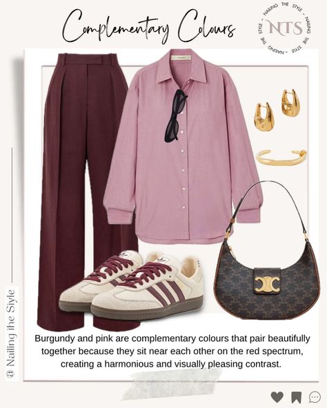 ✨Burgundy, a deep, rich shade of red, has a grounded and mature feel, while pink, a lighter tint of red, adds a softer, more playful touch. The depth of burgundy balances the lightness of pink, making this combination both striking and versatile. ✨The blend of these two colours adds warmth and dimension to any outfit, suitable for both casual and formal occasions. What do you think of this look? Let me know in the comments👇💬 and share this styling tip with friends 🗣️ ✨Available items and ... Burgundy Pink Outfit, Pink Burgundy Outfit, Burgundy And Pink Outfit, Pink And Burgundy Outfit, Touch Of Red Outfit, Outfit Colour Combinations, Burgundy Dress Outfit, Burgundy Pants Outfit, Winter Pants Outfit