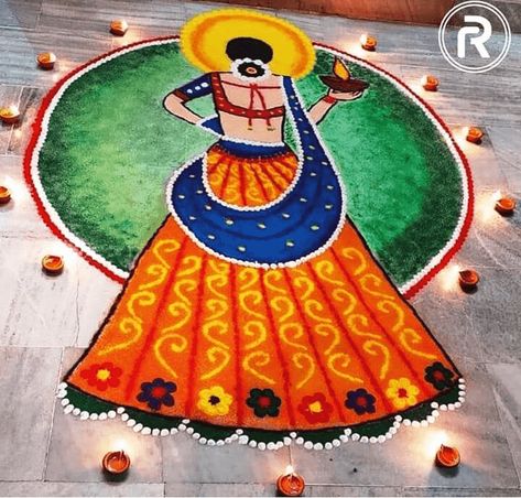 Rangoli Designs Of Girl, Diwali Rangoli Design Girl, Girl Rangoli Designs For Diwali, Girl Rangoli Designs, Figure Rangoli, Diwali Rongali, Rongali Design, Girl Rangoli, Unique Rangoli Designs Beautiful