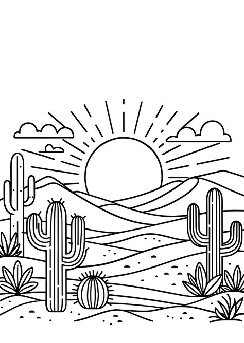 Desert Scene Coloring Page Desert Landscaping Drawing, Calming Coloring Pages, Desert Drawing Simple, Desert Flowers Drawing, Colouring Pages Easy, Desert Drawing, Color Me Badd, Desert Colors, Watercolor Pictures