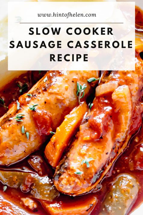 Sausage Casserole Slow Cooker Easy, Slow Cook Sausage Casserole, Pork Sausage Slow Cooker Recipes, Slow Cooked Sausage Casserole, Sausages In Slow Cooker, Slow Cooked Sausages, Beef Sausages Recipe, Chicken Sausage Slow Cooker, Sausage Casseroles For Dinner