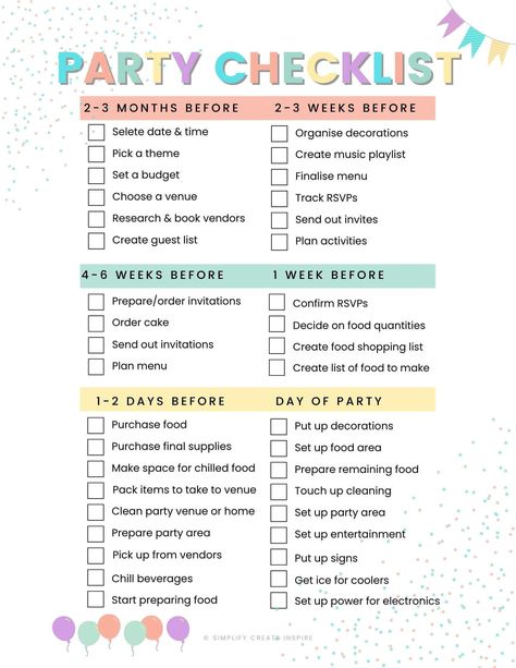 Steps To Planning A Birthday Party, How To Decide Who To Invite To A Birthday Party, Things To Have At Your Birthday Party, How To Plan Your Birthday Party, Party Supply List Checklist, Food List For Birthday Party, Birthday Planing Ideas, How To Set Up A Birthday Party, How To Plan Birthday Party