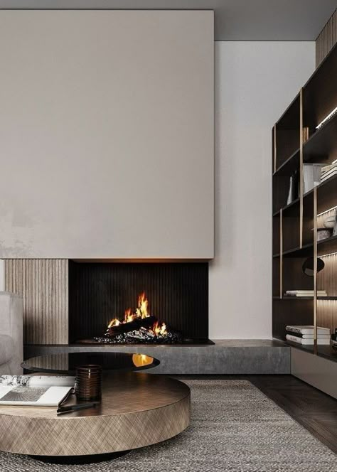 Tall Fireplace Wall High Ceilings Minimalist, Contemporary Fireplace Tv Wall, Fireplace Not Centered On Wall, Fireplace Ideas Modern Contemporary, Modern Fireplace Ideas With Tv, Modern Contemporary Fireplace, Contemporary Fireplace Ideas, Modern Chimney, Modern Fireplace Tv