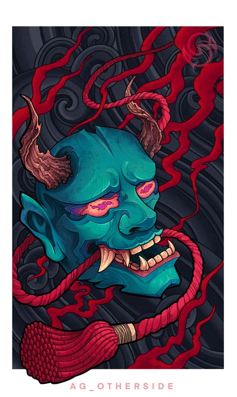 Shrunken Head Tattoo, Mascara Hannya, Japanese Hannya Mask, Oni Art, Oni Mask Tattoo, Illustration Poster Design, Colored Tattoo Design, Japanese Myth, Hannya Mask Tattoo