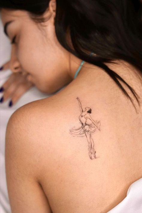 Gorgeous Micro Realism Ballerina Tattoo - EXP Haus Tattoo Studio London Dance Line Tattoo, Ballet Fine Line Tattoo, Dancer Tattoos For Women, Line Dancer Tattoo, Fine Line Ballerina Tattoo, Dance Inspired Tattoos, Tattoo Ideas Dance, Fine Line Woman Tattoo, Ballet Tattoo Minimalist