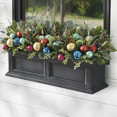 Winter Window Boxes, Christmas Window Boxes, Christmas Urns, All Is Bright, Window Box Flowers, Christmas Planters, Red Ornaments, Grandin Road, Christmas Yard