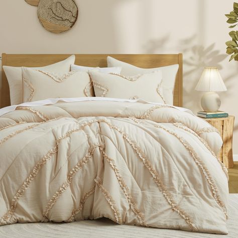 PRICES MAY VARY. Comfy and Fluffy - The beige comforter is filled with soft polyester fibers inside, making it super soft and comfortable. Our ruffle comforter are lightweight, breathable and suitable for use all year round.​ The soft comforter-like cloud allows you and your family to sleep comfortably and warmly every night.​ Ruffle Design - BEDAZZLED comforter set features vintage and chic ruffle design, novelty and texture for ultimate comfort. Modern elegance style adds an extra layer of art Taupe Comforter, Textured Bed, Boho Chic Bedroom Decor, Ruffle Comforter, Beige Comforter, Boho Comforters, Bed Comforter, Fluffy Bedding, King Size Comforters