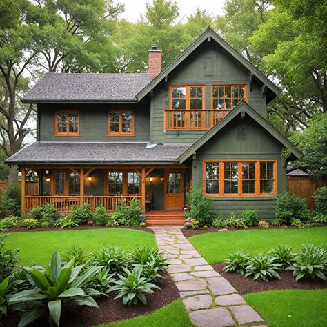 Black Roof Green House Exterior, Green Blue House Exterior, Green House Black Door, Dark Green Houses Exterior, Bright House Exterior, Green House Brown Trim, Dark Green House Aesthetic, Black And Green House, Mcm House Exterior