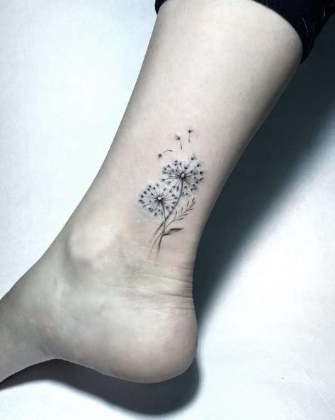 Ankle Tattoo Dandelion, Popular Woman Tattoos, Tiny Dandelion Tattoos For Women, Dandelion Tattoo On Ankle, Two Dandelion Tattoo, 3 Dandelion Tattoo, Wishie Tattoo, Dandelion Foot Tattoo, Dandelion Ankle Tattoo