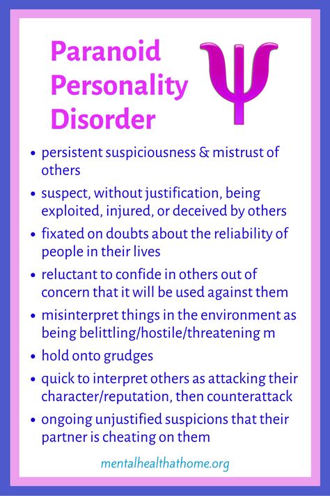 These are some of the symptoms of paranoid personality disorder. It involves high levels of suspicion, but isn't a psychotic disorder. It's normal for some people to have some of these symptoms some of the time; for it to be a disorder, there would need to be significant distress or functional impairment. #personalitydisorders #paranoia #mentalillness #dsm #psychiatricdiagnosis Women's Health, Paranoid Personality, Paranoid Personality Disorder, Psychology Notes, Free Printables Organization, Psychiatric Nursing, Women Health Care, Women Health, Mental Health Disorders