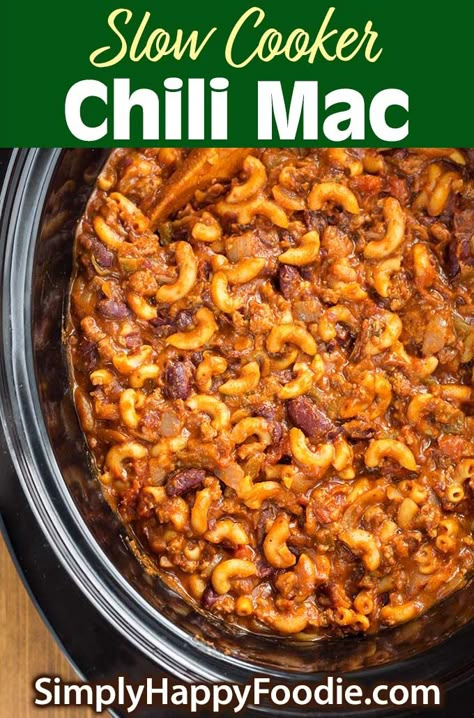 Slow Cooker Chili Mac is a dump and start crock pot recipe. Delicious chili with pasta makes this a hearty, economical one-pot slow cooker meal. Enjoy this crock pot chili mac recipe on Game Day, or any time. simplyhappyfoodie.com #slowcookerchilimac #crockpotchilimac Chili With Pasta, Crock Pot Chili Mac, Slow Cooker Chili Mac, Crock Pot Chili, Chili Mac Recipe, Slow Cooker Pasta Recipes, Slow Cooker Meal, Slow Cooker Pasta, Chili Mac