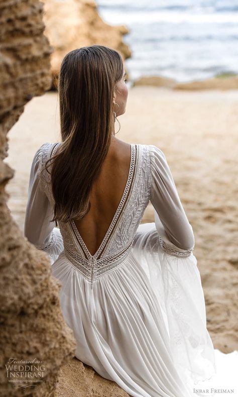 Weddinginspirasi.com featuring - inbar freiman 2023 bridal long flare sleeve deep v neckline embellished bodice boho chic a line wedding dress chapel train (7) zbv -- Inbar Freiman 2023 Wedding Dresses #wedding #weddings #bridal #weddingdress #weddingdresses #bride #fashion #collection:IvoryMist #label:InbarFreiman #week:032022 #year:2023 ~ Boho Wedding Dress With Sleeves Bohemian Vintage Inspired, V-neck Boho Wedding Dress, Wedding Dresses Boho Chic, Elegant White V-neck Boho Dress, Elegant White Floor-length Boho Dress, Greek Wedding Dress, Inbar Freiman, Chic White V-neck Boho Dress, Bohemian V-neck Wedding Gown