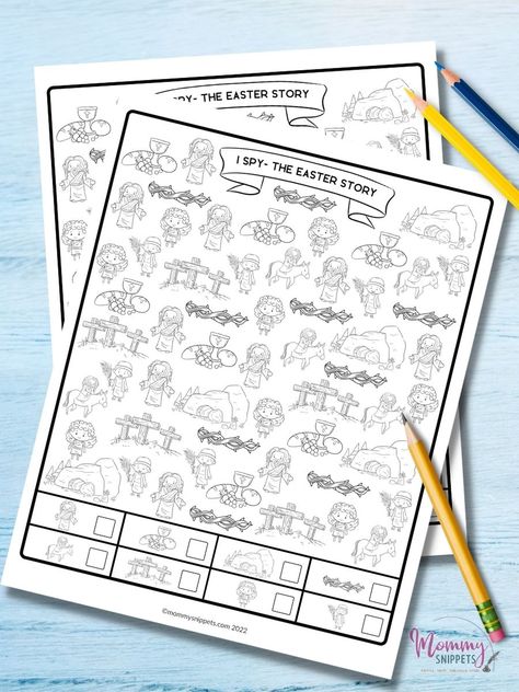 A Color and Find I Spy Easter Printable Game Kids Will Love - Christian Easter Activity Sheets, Easter Church Activities, Easter Sunday School Activities, Church Activity Sheets, Easter Story For Kids, Valentine Worksheets, Easter Meal, Palm Sunday Crafts, Easter Sunday School