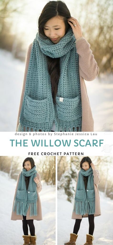 Super Chunky Textured Scarfs. This beautiful, chunky scarf is just the perfect accessory for winter time. It's super warm and soft, so you won't get cold. In addition to that, it has lovely pockets, great for everyone who keeps loosing theirs!  #freecrochetpattern #scarf #winter Chunky Crochet Scarf, Beau Crochet, Crocheting Patterns, Crochet Scarf Pattern Free, Chunky Scarf, Mode Crochet, Pattern Scarf, Chunky Scarves, Crochet Shawls