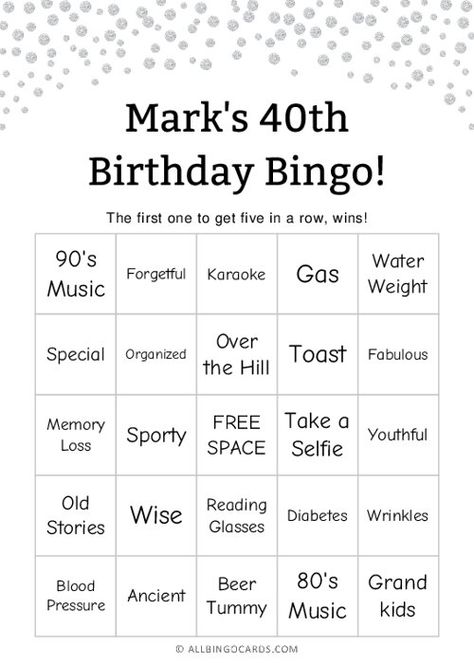 40th Birthday Game Ideas, Birthday Bingo For Adults, 40th Birthday Games For Women, Birthday Bingo Template, Bingo Birthday Party Theme, Bingo Party Ideas, 40th Birthday Cake Ideas, 40th Birthday Party Games, Birthday Event Ideas