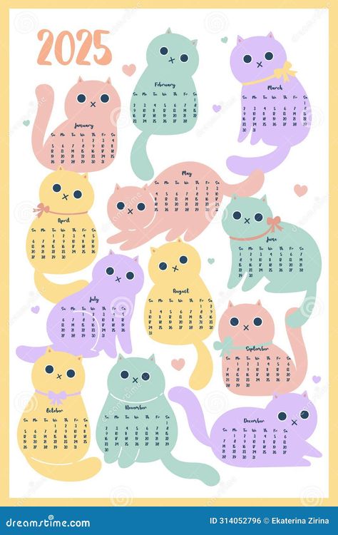 One page 2025 calendar with cute cats. Vector image Cute 2025 Calendar, Cats Vector, Cat Calendar, Cat Vector, 2025 Calendar, First Page, Vector Graphics, Image Illustration, Cute Cat