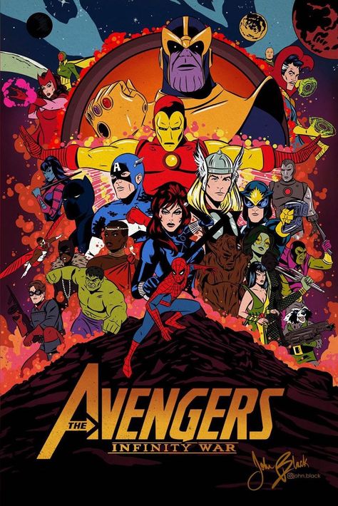 avengers: infinity war (art by john black) Avengers Posters, Marvel Comics Vintage, Black Instagram, Avengers Art, Marvel Comics Superheroes, Marvel Comics Wallpaper, Marvel Posters, Marvel Comic Character, Marvel Comic Books