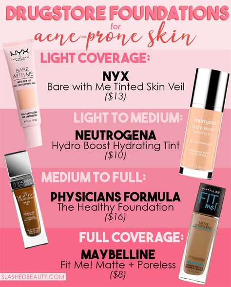 Best Non-Comedogenic Drugstore Foundations for Acne-Prone Skin | Slashed Beauty Acne Prone Foundation, Best Make Up For Acne Prone Skin, Best Foundations For Acne Prone Skin, Makeup Products For Acne Prone Skin, Acne Safe Makeup Products Drugstore, Best Makeup For Acne Prone Skin, Acne Safe Makeup Drugstore, Acne Prone Makeup, Drugstore Makeup For Acne Prone Skin