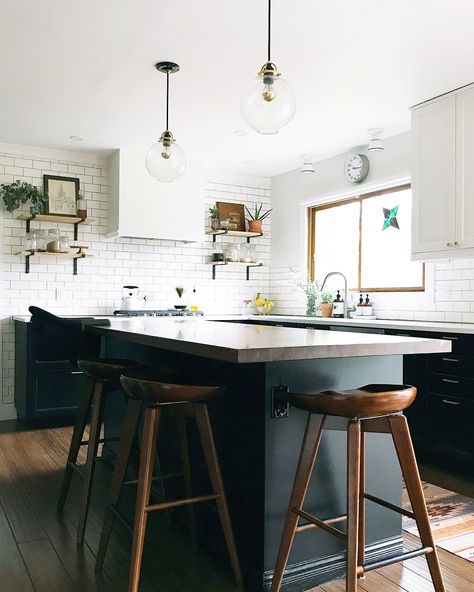 Clare Conklin on Instagram: “Today I’m talking inspiration! I felt a bit rushed during the planning+design phase of our new kitchen. We had just relocated to Michigan…” Wood Island Countertop, Plywood Counter, Wood Range Hood Cover, Beautiful Kitchenware, Wood Range Hood, Island Countertops, Black Kitchen Cabinets, Kitchen Cabinet Remodel, Upper Cabinets