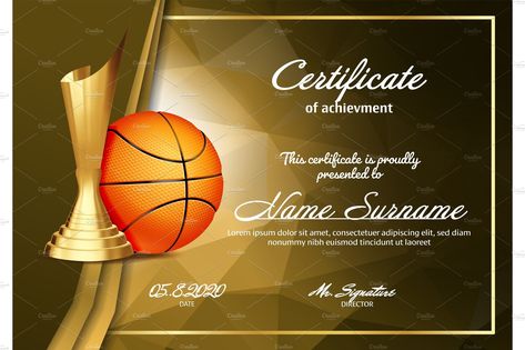 Basketball Certificate Diploma With by pikepicture on @creativemarket Basketball Certificate, Basketball Awards, Certificate Layout, Diploma Design, Free Basketball, Awards Certificates Template, Basketball Theme, Page Borders Design, Basketball Camp