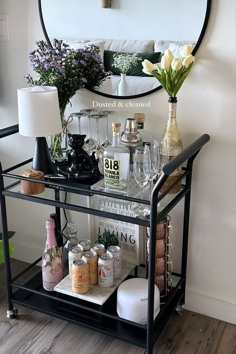 Coffee Bar Ideas Cart, Small Bar Decor Ideas Home, Girly Luxury Apartment, Manchester Flat, Girly Kitchen, Bar Cart Inspo, Solo Apartment, Kitchen Interior Decor, Apartment Bar